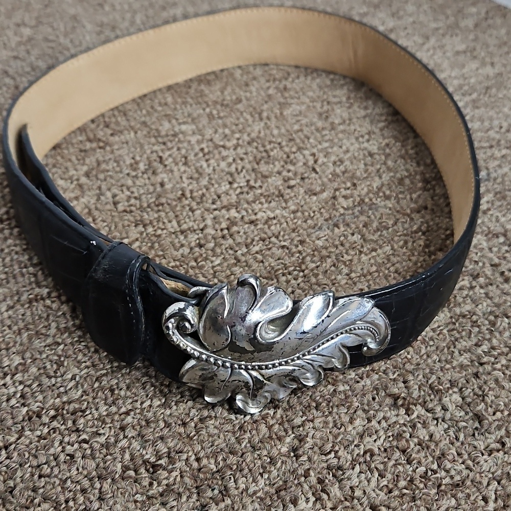 Brighton Black Leather Belt Silver Leaf Buckle Sz Small Womens
